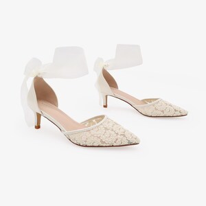 Ivory Crochet Lace Pointy Toe Wedding Low Heels with Wrapped Ankle Tie, Bridal Shoes, Bridal Low Heels, Kitten Heels image 7