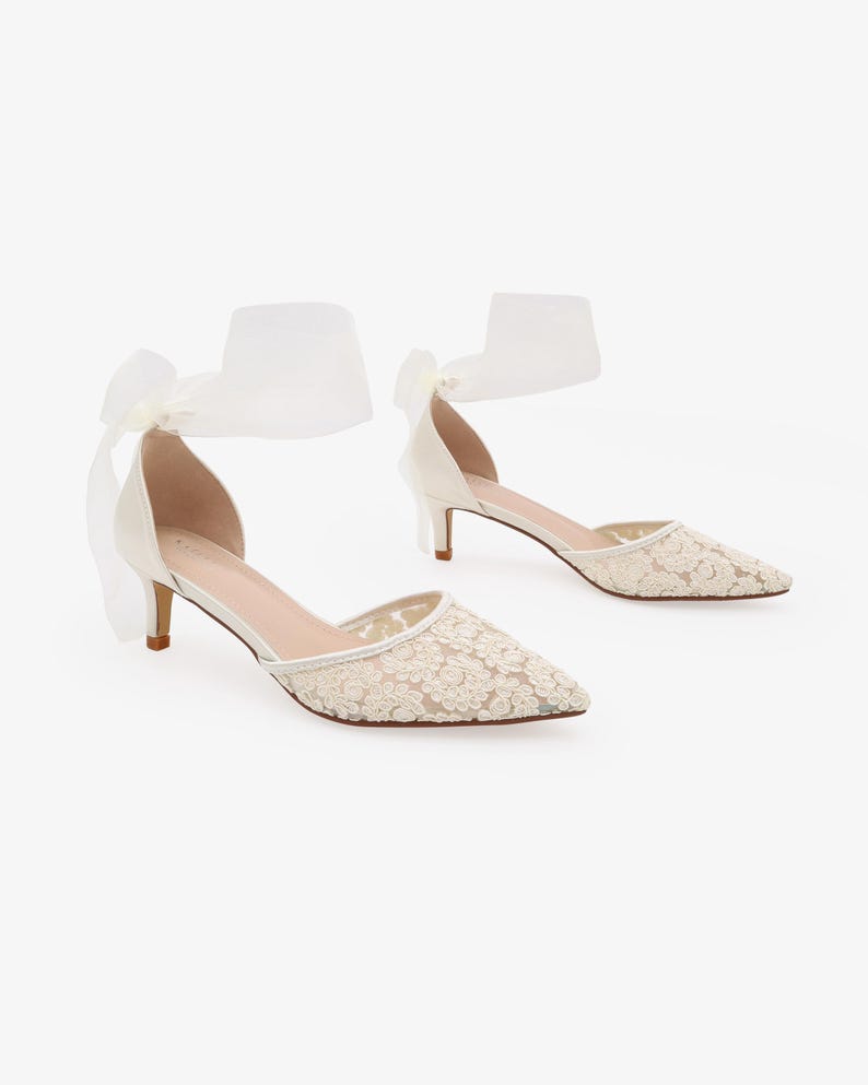 Ivory Crochet Lace Pointy Toe Wedding Low Heels with Wrapped Ankle Tie, Bridal Shoes, Bridal Low Heels, Kitten Heels image 7