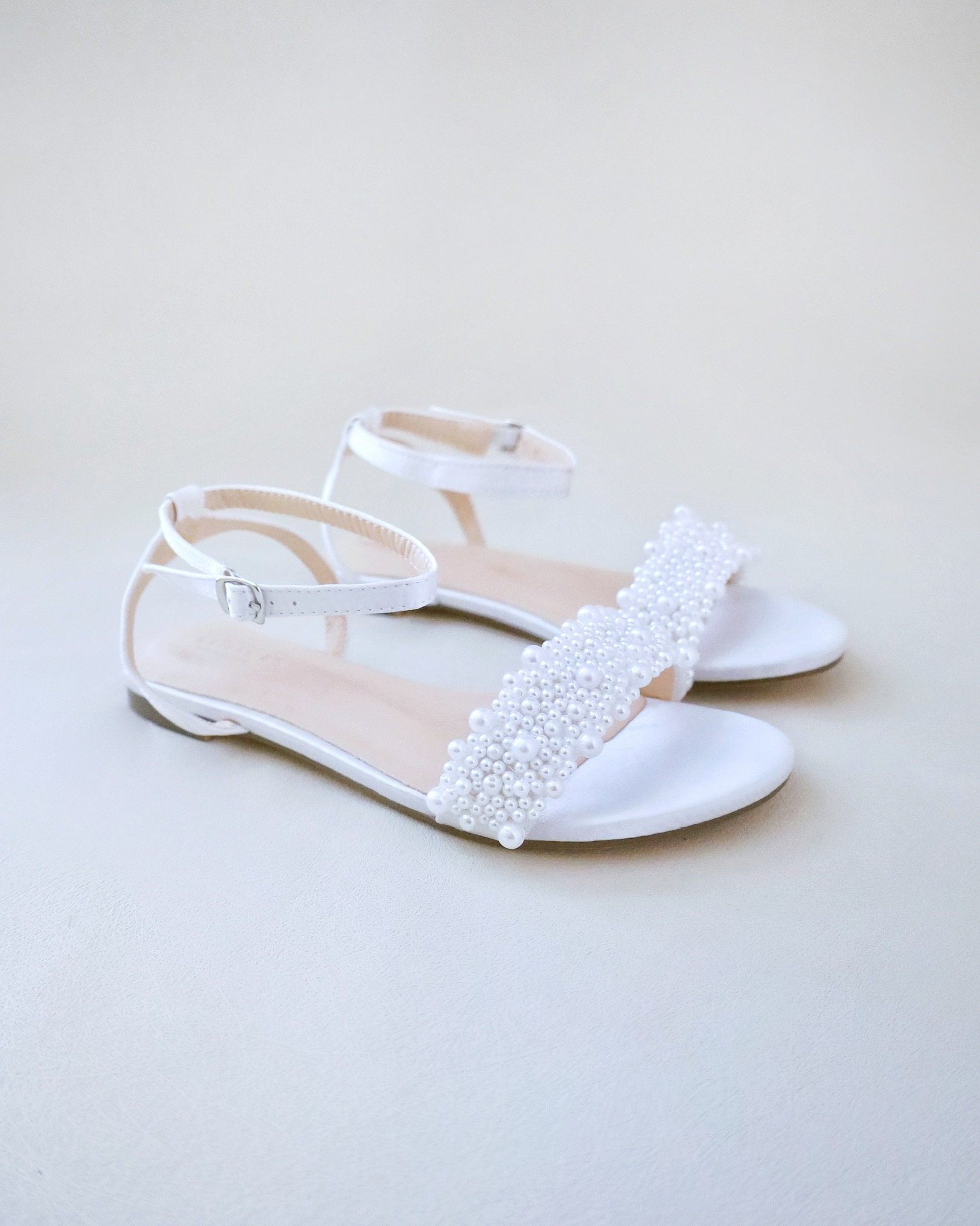 White Satin Flat Sandal With Mesh Mini RHINESTONES Bow, Bridesmaid Shoes,  Women Sandals, Kids Sandals, Mommy and Me Shoes 