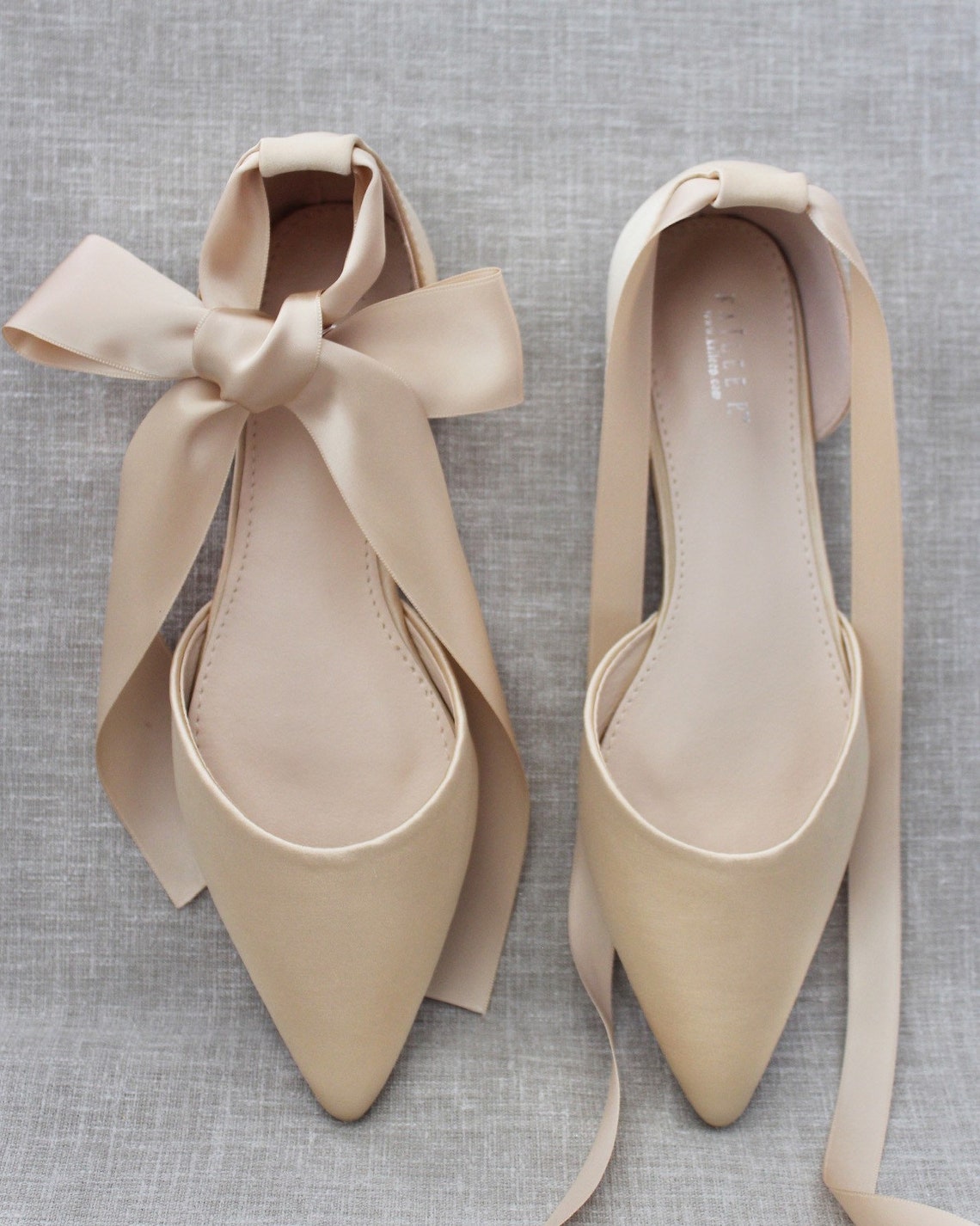 Champagne Satin Pointy Toe flats with Satin ANKLE TIE or image 1