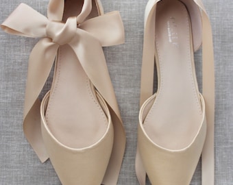 Champagne Satin Pointy Toe flats with Satin ANKLE TIE or BALLERINA Lace Up, Fall Wedding Shoes, Bridesmaids Shoes, Holiday SHoes