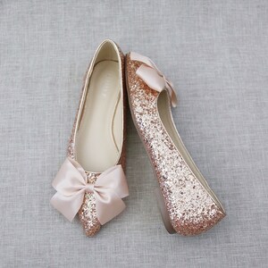 Rose Gold Rock Glitter Pointy Toe Flats with Oversized BLUSH SATIN BOW, Wedding Flats, Bridesmaid Shoes, Glitter Shoes, Holiday Shoes image 5