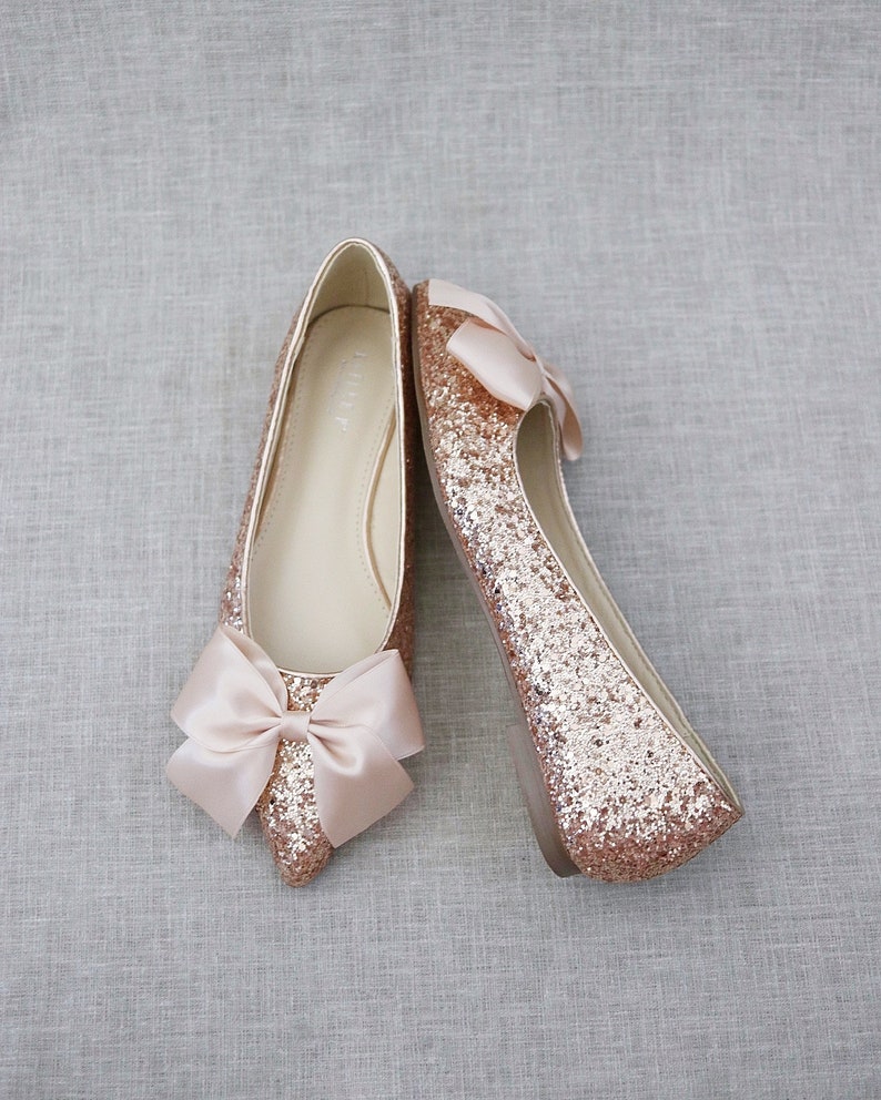 Rose Gold Rock Glitter Pointy Toe Flats with Oversized BLUSH SATIN BOW, Wedding Flats, Bridesmaid Shoes, Glitter Shoes, Holiday Shoes image 5