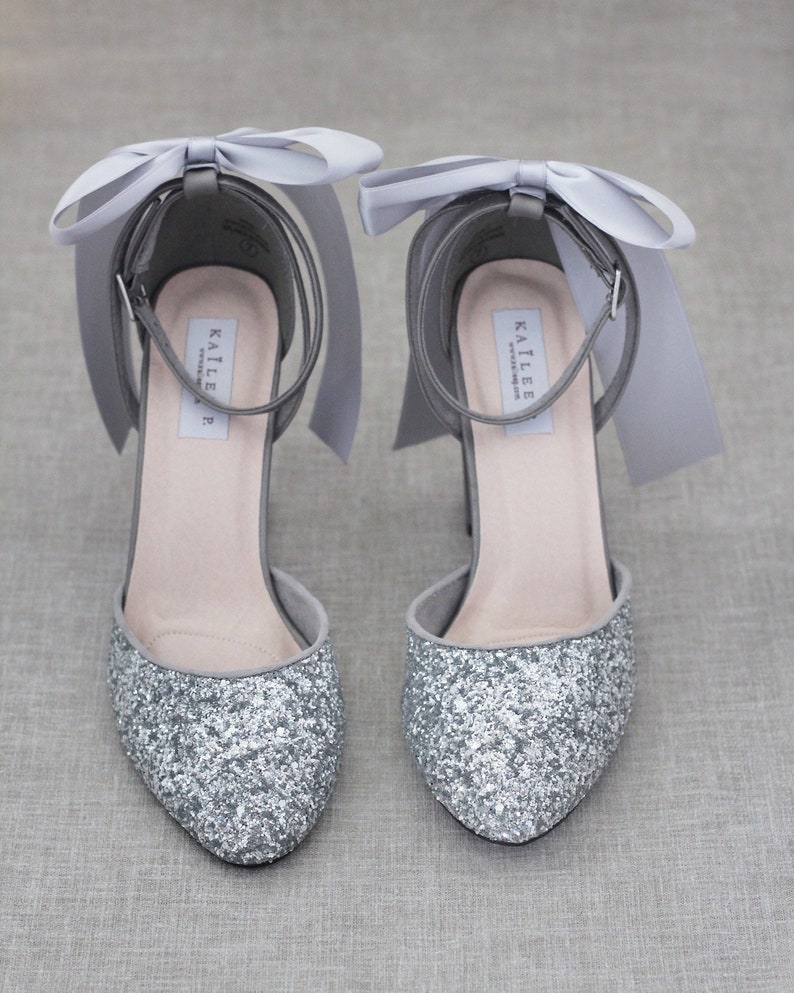 silver glitter block heel shoes
