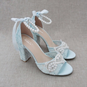 Light Blue Crochet Lace Block Heel Sandals with Small Pearl Applique, Women Wedding Shoes, Bridesmaids Shoes, Bridal Shoes, Something Blue