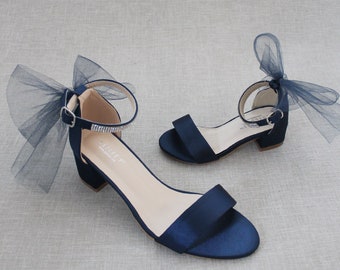 Navy Blue Satin Block Heel Sandal with TULLE BACK BOW, Women Sandals, Flower Girls Shoes, Jr.Bridesmaid Shoes, Holiday Shoes