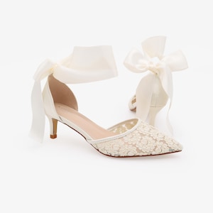 Ivory Crochet Lace Pointy Toe Wedding Low Heels with Wrapped Ankle Tie, Bridal Shoes, Bridal Low Heels, Kitten Heels image 4