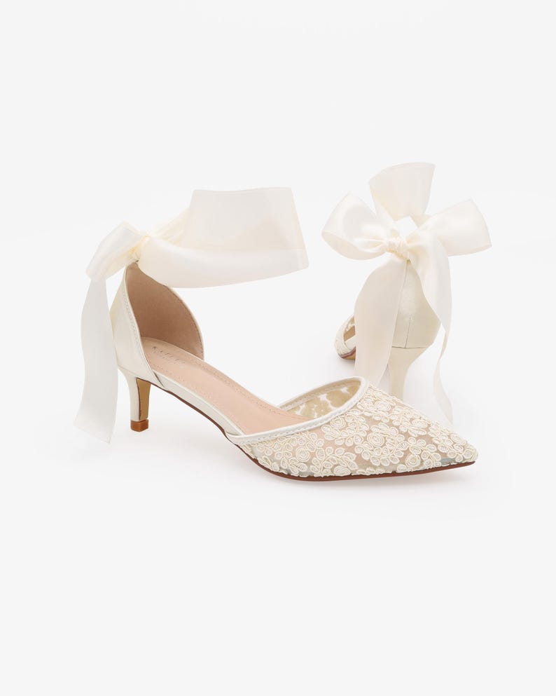 Ivory Crochet Lace Pointy Toe Wedding Low Heels with Wrapped Ankle Tie, Bridal Shoes, Bridal Low Heels, Kitten Heels image 4