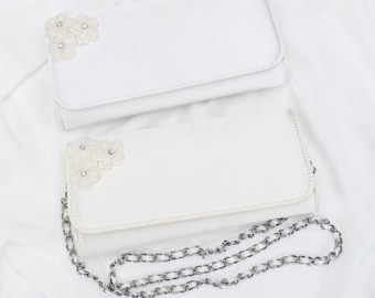 Satin Bridal Clutch with All Pearls Chassia Flowers, Bridal Clutch, Bridesmaids Clutch, Wedding Accessories, Wedding Gift, Evening Clutch