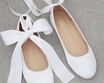 Women Shoes | White Satin Flats with Satin Ankle Tie or Ballerina Lace Up - Bridal Shoes, White Wedding Shoes, Jr. Bridesmaids Shoes