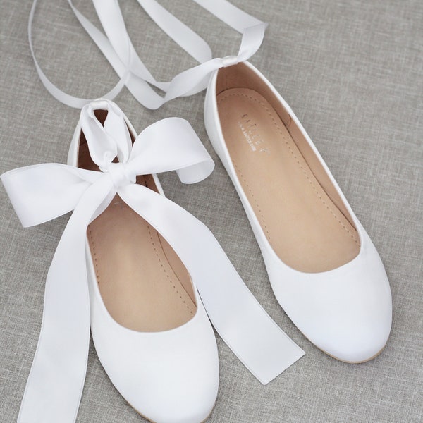 Women Shoes | White Satin Flats with Satin Ankle Tie or Ballerina Lace Up - Bridal Shoes, White Wedding Shoes, Jr. Bridesmaids Shoes