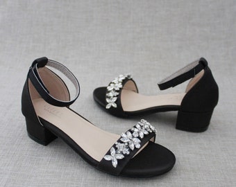 Buy Black Satin Block Heel Sandals With FLORAL RHINESTONES on
