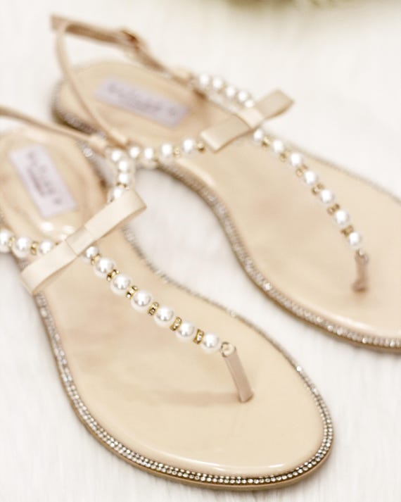 Women and Girls Sandals T Strap BEIGE Pearl with Rhinestones flat sandal brides and bridesmaids flat sandals, Flower Girls Sandals Women and Girls Sandals T Strap BEIGE Pearl with Rhinestones flat sandal brides and bridesmaids flat sandals, Flower Girls Sandals