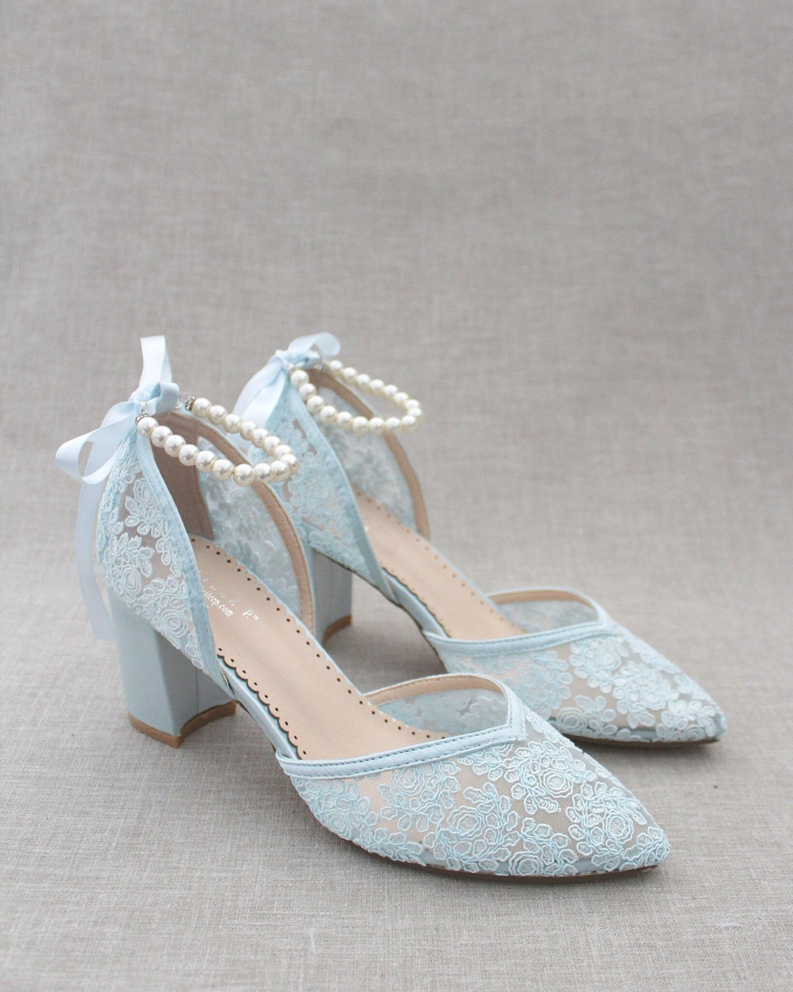 Light Blue Crochet Lace Almond Toe Block Heel with Pearls ALL PEARLS STRAP