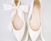 Ivory Satin Pointy Toe Flats With Satin ANKLE TIE or