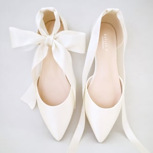 Ivory Satin Pointy Toe Flats with satin ANKLE TIE or BALLERINA Lace Up, Wedding Shoes, Bride Shoes, Bridesmaids Shoes, Ivory Bridal Flats