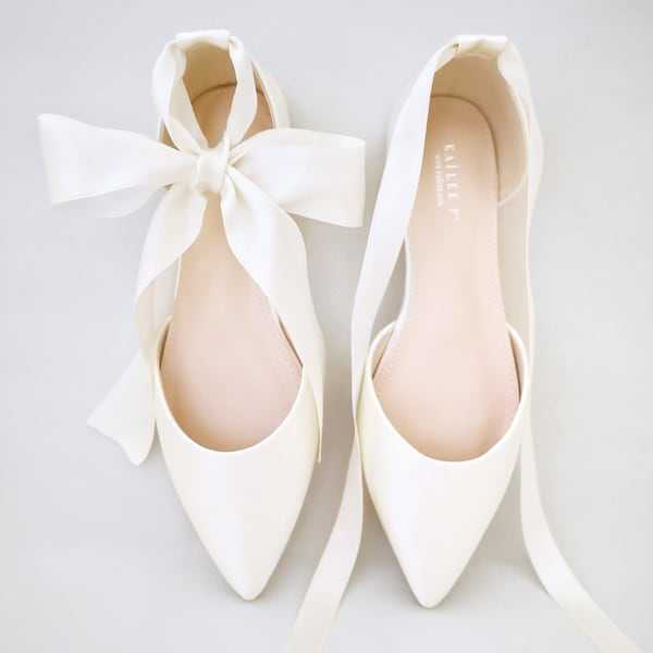 Ivory Satin Pointy Toe Flats with satin ANKLE TIE or BALLERINA Lace Up, Wedding Shoes, Bride Shoes, Bridesmaids Shoes, Ivory Bridal Flats