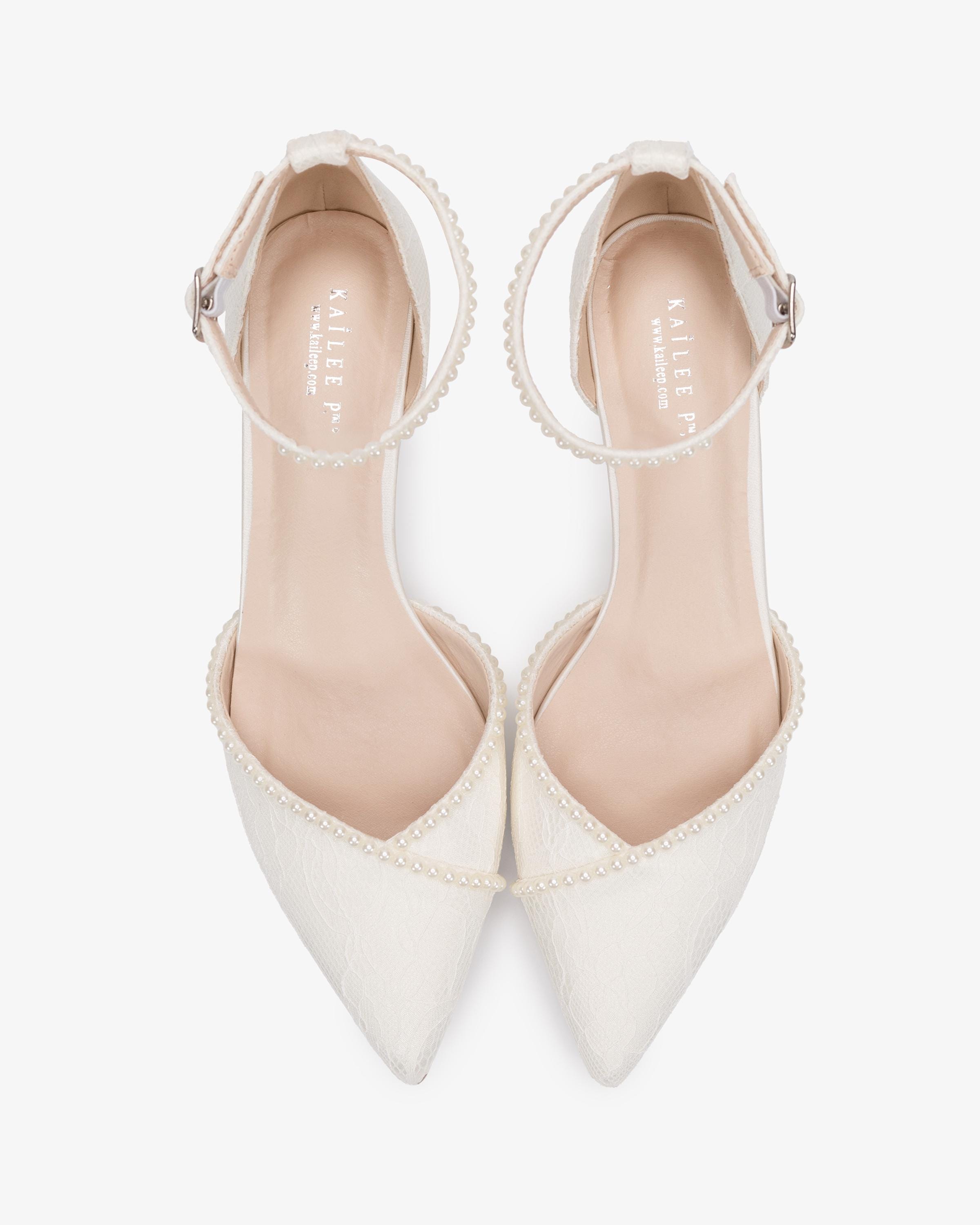 Ivory & White Lace Pointy Toe Low Block Heels Wedding Shoes With Mini Ivory & White Lace Pointy Toe Low Block Heels Wedding Shoes With Mini