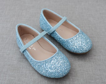 Light Blue Rock Glitter Mary Jane Flats para zapatos de niñas de flores, zapatos de niñas, zapatos de Cenicienta, zapatos de vacaciones