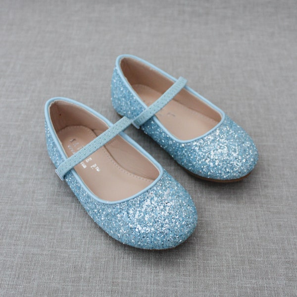 Light Blue Rock Glitter Mary Jane  Flats for Flower Girls Shoes, Girls Shoes, Cinderella Shoes, Holiday Shoes