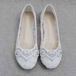 White Crochet Lace Round Toe Flats with SMALL PEARLS APPLIQUE - Women Wedding Shoes, Bridesmaid Shoes, Bridal Shoes, White Lace Shoes