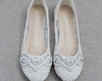 White Crochet Lace Round Toe Flats with SMALL PEARLS APPLIQUE - Women Wedding Shoes, Bridesmaid Shoes, Bridal Shoes, White Lace Shoes
