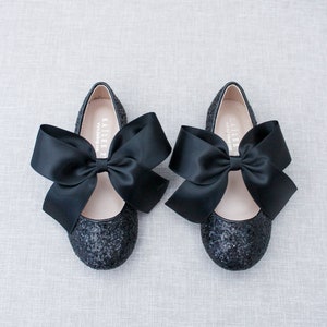 BLACK Rock Glitter Maryjane with BLACK SATIN bow Flower Girl Shoes, Holiday Party Shoes, Black Shoes, Fall Girls Shoes image 2