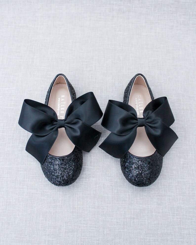 BLACK Rock Glitter Maryjane with BLACK SATIN bow Flower Girl Shoes, Holiday Party Shoes, Black Shoes, Fall Girls Shoes image 2
