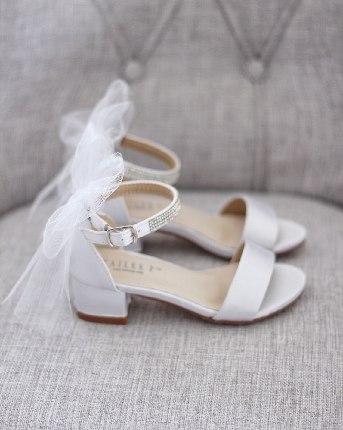 White Satin Block Heel Sandal with TULLE BACK BOW Bride image 3