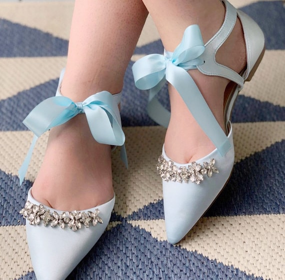 Light Blue Satin Pointy Toe flats with FLORAL RHINESTONES and Satin Tie Women Wedding Shoes Bridesmaid Shoes Something Blue Bridal Shoes