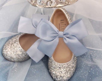 CINDERELLA SHOES - Silver Rock Glitter mary-jane with Dusty Blue Satin ribbon bow - Flower Girl Shoes, Halloween shoes, Easter Shoes