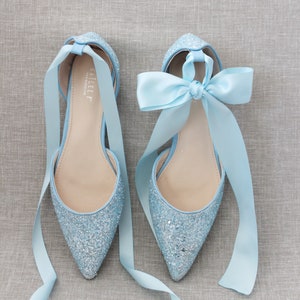 Light Blue Rock Glitter Pointy Toe flats with Satin ANKLE TIE Or BALLERINA Lace Up, Wedding Shoes, Holiday Shoes, Something Blue