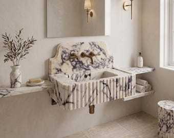 Marble Sink, Fully Customized and Personalized; Calacatta Viola, Lilac, Rosso Levanto, Alexander Black