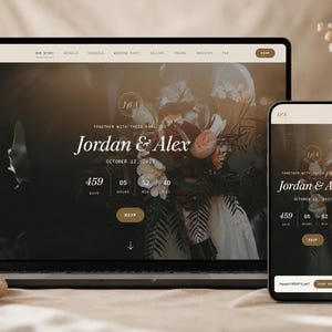Può includere: Un computer portatile e uno smartphone mostrano un sito web di matrimonio per Jordan e Alex con un timer di 459 giorni, 05 ore, 52 minuti e 40 secondi, uno sfondo floreale e un pulsante RSVP su un'interfaccia color beige.