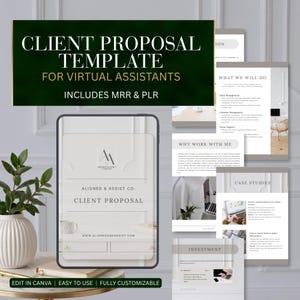 May include: A digital client proposal template for virtual assistants featuring a dark green header with white text reading CLIENT PROPOSAL TEMPLATE FOR VIRTUAL ASSISTANTS INCLUDES MRR & PLR and multiple page layouts showing sections like WHY WORK WITH ME.