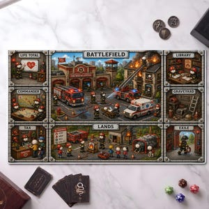 Può includere: Un tappetino da gioco rettangolare con una scena dettagliata di una caserma dei pompieri e zone etichettate come Battlefield, Life Total, Commander, Library, Graveyard, Tax, Lands ed Exile. Include vigili del fuoco, camion e un'ambulanza.