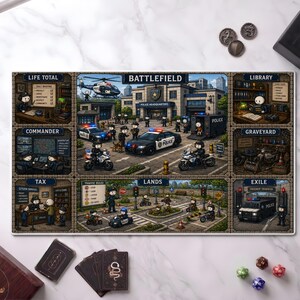 Peut inclure: Un tapis de jeu rectangulaire illustré sur le thème de la police, avec des sections intitulées Life Total, Commander, Library, Graveyard, Tax, Lands et Exile. La scène centrale représente un commissariat avec des véhicules et des personnages.