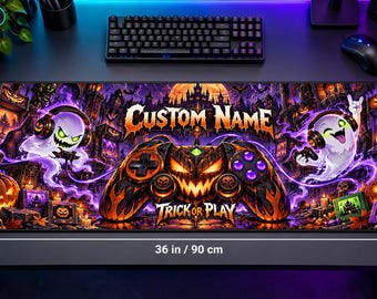 Personalisiertes Halloween-Gaming-Mauspad, Controller-Design mit individuellem Namen, Geist und Kürbis (Geschenk für Gamer)