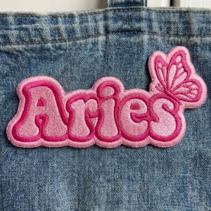 Aries Zodiac Butterfly Iron On Patch - Pink Retro Bubble Letter Embroidery Badge - Y2K Aesthetic Astrology Gift - N0128