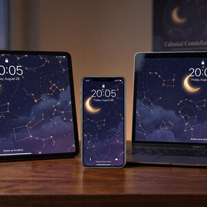 Pode incluir: Um tablet, um smartphone e um computador portátil dispostos lado a lado, todos exibindo a mesma tela de bloqueio com uma lua crescente, constelações e o texto 20:05, Friday, August 28, Swipe up to unlock em um fundo roxo escuro.