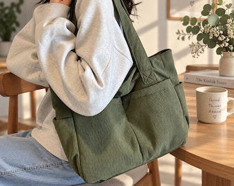 Large Corduroy Tote Bag, Women's Shoulder Bag, Zipper Work Tote