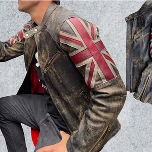 New Arrival Union Jack UK Flag Biker Real Leather Jacket Vintage Distressed Racer Fall Essential Coat Custom Limited Edition