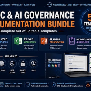 Op de afbeelding: Een GRC & AI Governance documentatiebundel met 54 bewerkbare sjablonen, waaronder 33 Word-documenten, 21 Excel-werkmappen en een trainingspresentatie. De set is afgestemd op EU AI Act, ISO 42001, NIST AI RMF, ISO/IEC 27001 en AVG-normen.