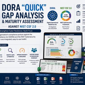 Może przedstawiać: Zestaw narzędzi do analizy luk i oceny dojrzałości DORA w odniesieniu do NIST CSF 2.0. Grafika przedstawia laptopa z pulpitem nawigacyjnym, tablet z arkuszem kalkulacyjnym Excel, przewodnik oceny oraz stos pięciu kolorowych książek.