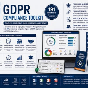May include: A GDPR compliance toolkit featuring 191 documents, including a laptop displaying a management dashboard, a tablet showing a risk register, and a stack of books labelled policies, procedures, forms, registers, contracts, and audit.