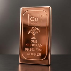 Könnte beinhalten: Ein rechteckiger Kupferbarren mit dem Periodensystem-Symbol Cu, der Ordnungszahl 29 und der Atommasse 63,546. Der Barren ist mit einem Baum-Symbol, dem Text ONE KILOGRAM, 99.9% FINE COPPER und dem vertikalen Text 991qbc graviert.