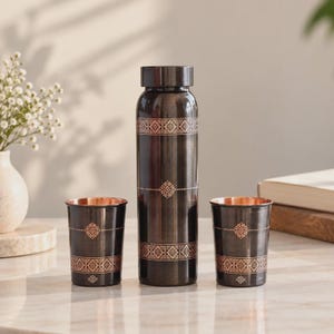 Pure Copper Bottle & 2 Glasses Set | 900ML Antique Dark Finish Water Bottle | 275ML Copper Tumblers | Traditional Indian Drinkware Gift