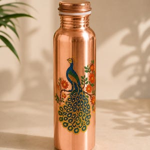 Peacock Printed Pure Copper Water Bottle 1000ML | Handmade Ayurvedic Copper Bottle | Artistic Wellness Flask | Leakproof Drinkware Gift