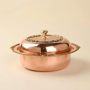 Handcrafted Luxury Copper Serving Pot with Lid | Handmade Indian Copper Casserole Dish | Vintage Copper Serveware  | Housewarming Gift
