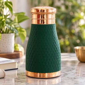 Pure Copper Bedroom Bottle 950ml with Inbuilt Glass | Hammered Silk Finish Copper Water Bottle | Luxury Bedside Water Carafe